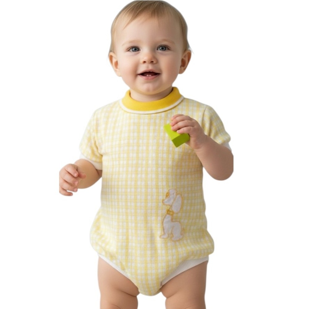 Vintage HEALTH-TEX ROMPER Yellow Plaid Embroidered Applique Dog Shorts 12 Months